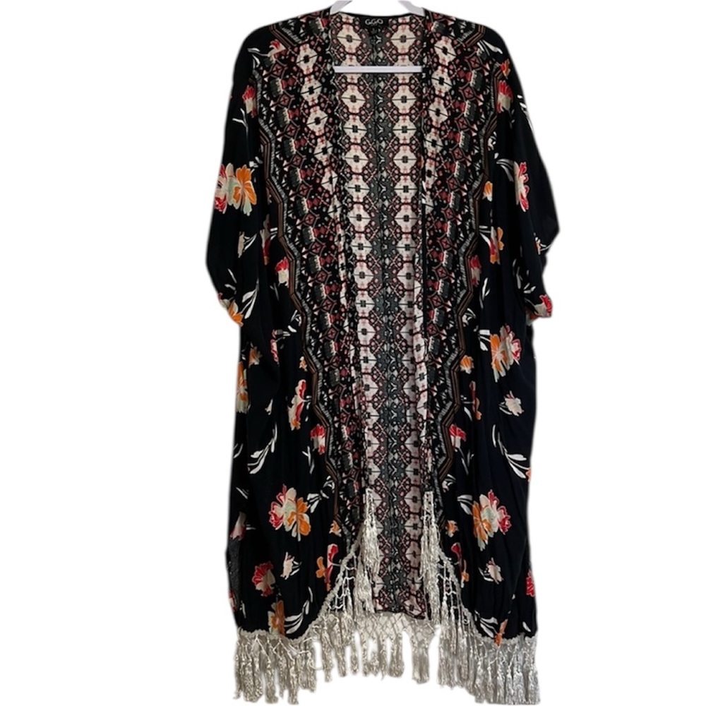 Gigio Black Floral Geometric Design Cardigan Vest Small (oversized) with Tassels
